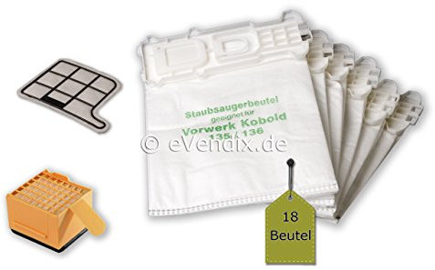 20 piezas Juego de filtros para Vorwerk Kobold VK 135/136: 18 bolsas para aspiradora + 1 microfiltro de higiene + 1 filtro de protección del motor de microfibras®