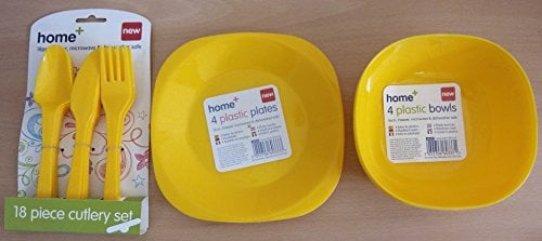 60 Piece Set Plastic Cutlery Plates Bowls Yellow Party Picnic BBQ