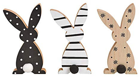 itsisa Hase mit Puschel aus Holz - Osterdeko, Frühlingsdeko, Osterhase, Deko Hase, Ostern (schwarzweiß)