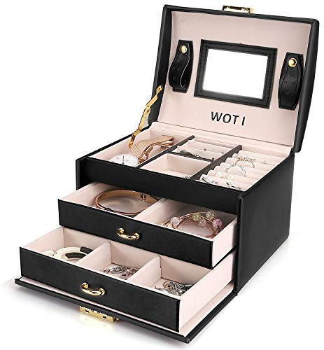 WOT I Jewellery Box Three Layers PU Leather Jewelry Storage Oganizer Built-in Mirror Lockable Compact Size Makeup with Lock for Girls and Women's Gift (Color : Black)