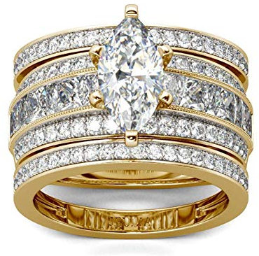 Jeulia 3 Stück Damen Ringe Set Sterling Silber Marquise-Schliff Diamant Ringe Schmuck für Braut Hochzeit Band Verlobungsring (54 (17.2)) (Gelb Vergoldet, 60 (19.1))