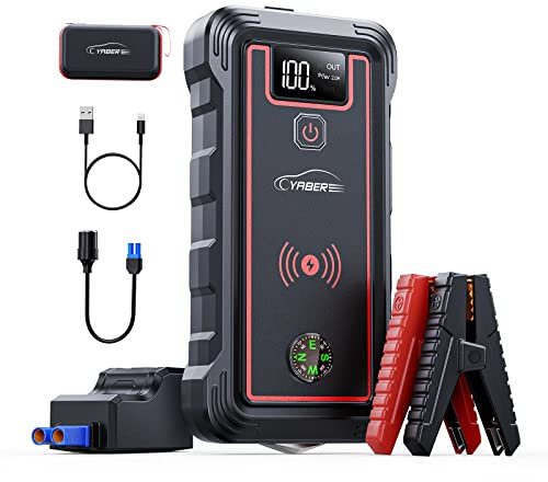 YABER Booster Batterie, 3500A 23800mAh Portable Jump Starter (Tout Gaz ou 8,0 L Diesel), Chargeur sans Fil avec Lamp LED, Écran LCD, Marteau de Sécurité, Boussole