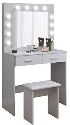 Jooli H Tocador Mesa de Maquillaje con Hollywood LED Espejo, 2 Cajones Grandes y Taburete, 80x40x140cm (Gris)