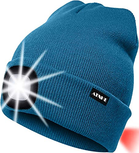 ATNKE 8LED beleuchtete Strickmütze, wiederaufladbare USB-Scheinwerferkappe mit extrem Heller, wasserdichter Lampe und Blinkender Alarm Rotes Rücklicht Multi-Color/Peacock Blue