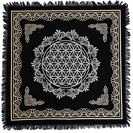 AVA Collections Blume des Lebens, Alter Stoff, Gold/Silber, bedruckt, quadratisch, Tarot-Tischdecke, spirituelle Heilung, kleiner Teppich, Hexerei, Wicca, Altar, heidnische Tischdecke (Blume des