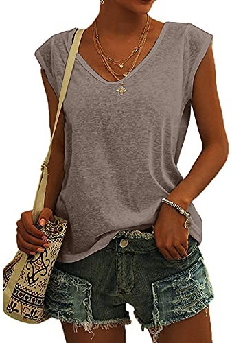 KOG Bluse Damen Elegant Ärmellose T-Shirt Shirt Casual Weiß Oberteile mit Flügelärmeln Frauen Schwarz Kleidung Frau Grau Sommer Shirts Top Damen V-Ausschnitte Tshirt Klamotten Braun XL