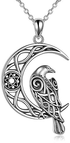 VENACOLY Raven Necklace Sterling Silver Celtic Raven Crow Pendant Crescent Moon Norse Viking Amulet Wiccan Jewellery Birthday Gifts for Women Men