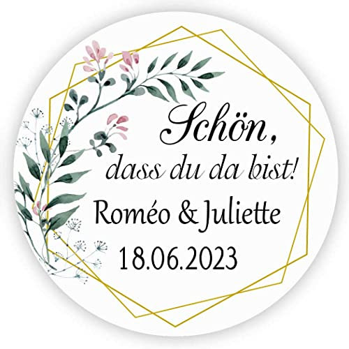 MameArt 50stk 4cm Personalisiert Hochzeit Aufkleber, Schön DASS du da bist mit Namen Sticker für Gastgeschenk Taufe Kommunion Geburtstag Feste Geschenke Präsente (Kranz C), 3DE0209A