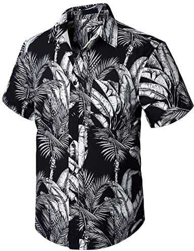 Enlision Hawaii Hemd Männer Sommer Kurzarm Schwarze Hawaiihemd Palme mit Brusttasche Strandhemd 4XL