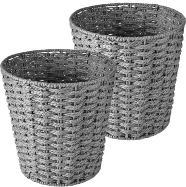 Zuvo Round Wicker Waste Paper Bin and Basket (Pack of 2) Rubbish Basket for Bedroom, Bathroom, Offices or Home (Grey)