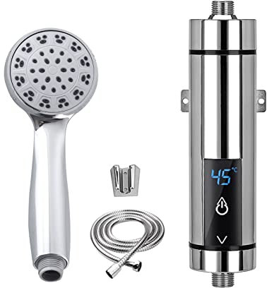 Mini Scaldacqua Istantaneo con Kit Doccia, Scaldabagno Elettrico Istantaneo Riscaldamento dell'acqua Tankless per Bagno Cucina, Display della Temperatura a LED