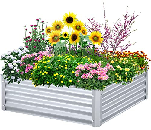 Highpro Hochbeet aus verzinktem Metall für Kräuter, Gemüse, Blumen und Sukkulenten, 91 x 90 cm, silberfarben