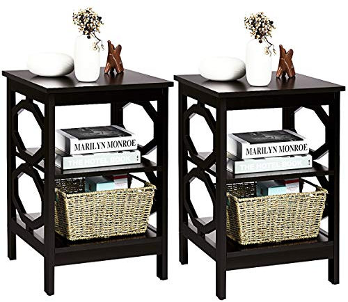 COSTWAY Nachttisch 3 Ebenen, 2er Set Beistelltisch Nachtschrank, Sofatisch Couchtisch für Schlafzimmer, Wohnzimmer 40x40x61cm (OO-förmig, Braun)