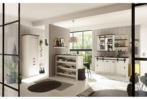 Lomadox Küchenmöbel Küche Komplett Set, Stauraumschrank, Wandregalen, Küchentheke, Hängeschrank mit Glaseinsatz, Spülschrank 161cm, industriellen Stil in Pinie weiß Nb. mit anthrazit