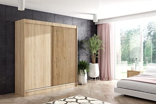 ALTDECOR Kleiderschrank mit Lamel-Schiebetüren, kugelgelagerte Führungsschienen und Aluminium-Leisten - VILAN - 200 cm Sonoma Eiche + Sonoma Eiche + Lamelle Eiche Wotan