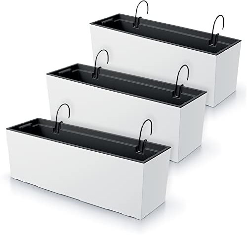 Urbi - Juego de 3 macetas rectangulares para flores, de plástico, 58 x 18,5 x 19,5 cm, para interior y exterior, color blanco, volumen 18 litros, diseño moderno