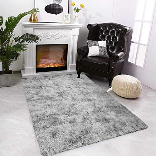 JURLEA Teppich moderner Flauschiger Hochflorteppich für Wohnzimmer weicher Rutschfester Teppich für Schlafzimmer Spielzimmer Moderne Heimdekoration (Grau weiß, 80 x 120 cm)