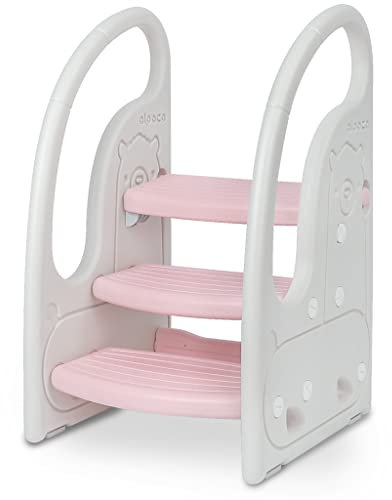 Onasti Step Stool for Kids, 3-Step Height Adjustable Toddler Step Stool, Plastic Learning Tower, Kitchen Helper, Toilet Steps with Handles and Non-Slip Pads, for Counter, Bathroom & Sink (Pink)