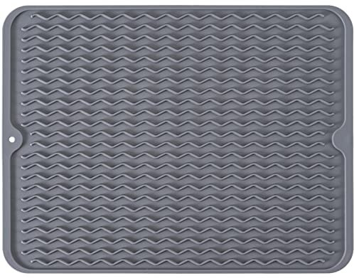 Silicone Dish Drying Mat, Non-Slip Easy Clean Sink Mat Large Heat-resistant Dish Drainer Mat for Kitchen Counter, Sink, Refrigerator or Drawer liner (18 x 16, GREY)