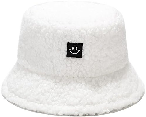 Damen Plüsch Fischerhut Wintermütze Flauschige Bucket Hat Warme Anglerhut Winter Fischerhut Damen Kunstpelz Bucket Cap Warme Mütze mit breiter Krempe Flauschige Mütze (Weiß-1)