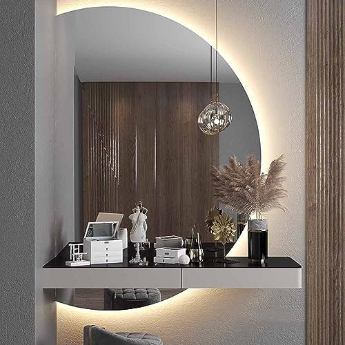 UkewEi Groß LED Badspiegel 84*120cm, Wandmontage Beschlagfrei/Dimmbar Kosmetikspiegel mit Hinterleuchteten 3 Lichtfarbe, Halbrunder Wandspiegel Schlafzimmer Dekospiegel ( Color : Left cut , Size : 63*