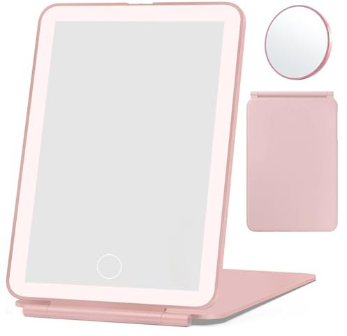 DRERIO Miroir Maquillage, Miroir Lumineux avec Petit Miroir Grossissant 7X, USB Rechargeable Miroir LED (4000K/4500K/5500K), Écran Tactile Miroir Voyage pour Coiffeuse,Table (Rose)