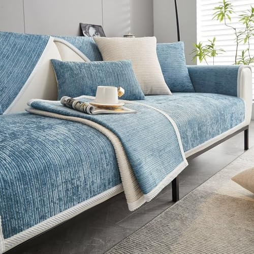 Bettschlange Sofa Überzug, Couch Überzug L Form 1/2/3/4 Sitzer, Sofa Cover Sofabezug Ecksofa rutschfeste Sofaschoner, Sofadecken für Sitzfläche, Universelle Sofa Überwurf,Blau,90 x 120 cm