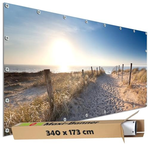 TRIOSK Sichtschutz Garten Dekoration Plane groß mit Natur Motiv Meer Strand Weg Spuren Motivbanner Blickdicht für Terrasse Zaun Gartenzaun Gartenposter PVC Zaunblende 340x173 cm
