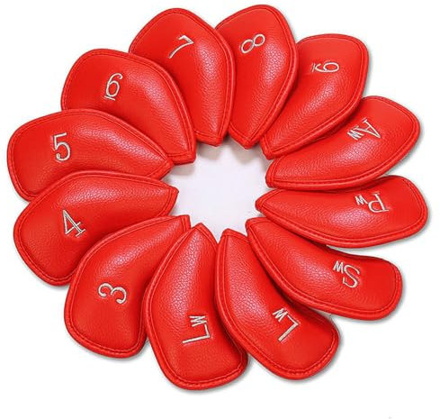 Golf Club Iron Head Covers, 12pcs GolfHeadcover set, Thick Synthetic Leather Golf' Iron Head Covers Set Fit All Brands Titleist, Callaway, Ping (Red)