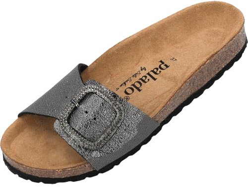 Palado Pantoletten Damen Malta BX by Sila Sahin – gefertigt in Spanien – edle Veloursleder-Decksohle – Glitzerschnalle im Boxy-Design – Lack- oder Metallic-Optik – EVA-Sohle Silber Metallic UK6 - EU39