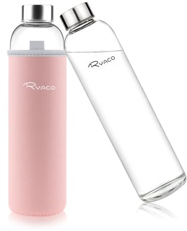 Ryaco Bouteille d'eau en verre de 750 ml/25oz sans BPA– Bouteille en borosilicate anti-fuite–Idéale pour maison, les voyages, le sport, le yoga, la gym, les boissons chaudes et froides avec
