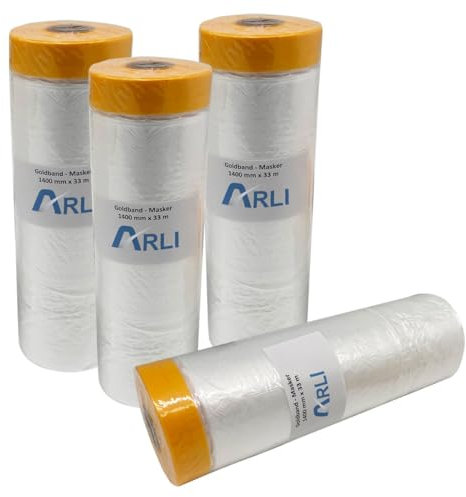 ARLI Masker Goldband 1400 mm x 33 m 4 Rollen Abdeckfolie mit Klebeband Malerfolie Baufolie Maler Lackierer Folie Tape (4x Stück)