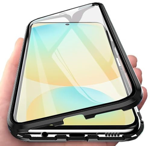 Orgsty Hülle für Samsung Galaxy S24 FE, Magnetische Hartglas Hülle mit Vorderseite und Rückseite, Metallrahmen Case mit Eingebaut Magnet, Ultra Dünn 360 Grad Handyhülle, Schwarz