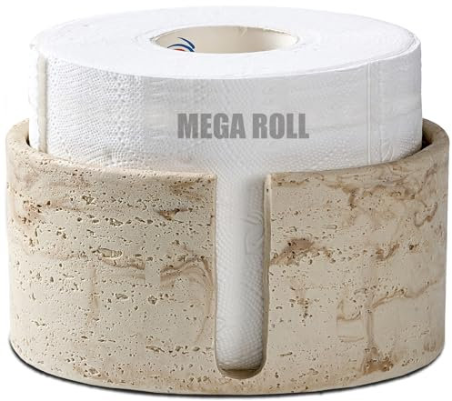 Natural Travertine Textures Toilet Paper Holder Stand for Bathroom Countertop or Floating Shelves,Toilet Top Decorative Roll Organizer Mega Roll 5.5 Inches or Less, Free Standing Mega Roll Storage
