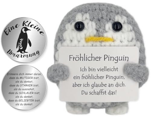 Tixlux Pocket Hug Fröhlicher Pinguin, Kreative Strickwolle Pinguin Puppe und Kleine Umarmung Glücksbringer, MutmacherGeschenk, Gute Besserung Geschenk, Einschulung Geschenk(Grau)