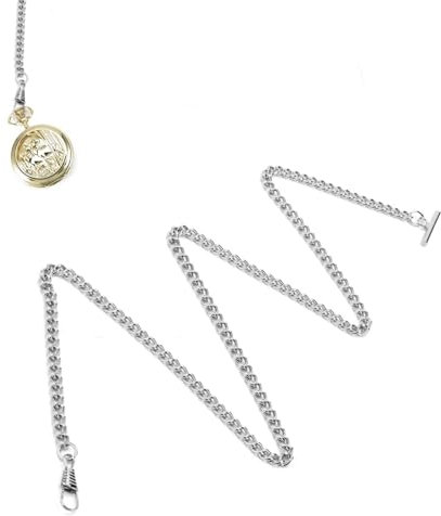 Jwthee Taschenuhrenkette aus Edelstahl, Uhrenkette, T-Steg, Vintage-Taschenuhr mit Kette, Taschenuhrenketten für Herren, Uhrenkette, Gliederarmband, 65 cm (Silver)