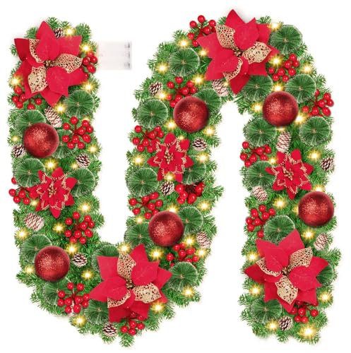 Christmas Garland, 9ft/270cm Christmas Xmas Decorations, Outdoor Indoor Christmas Pine Garland, Pre Lit Garlands, Christmas Tree Arch with Lights, Red Flower and Red Ball for Stairs Fireplace Door