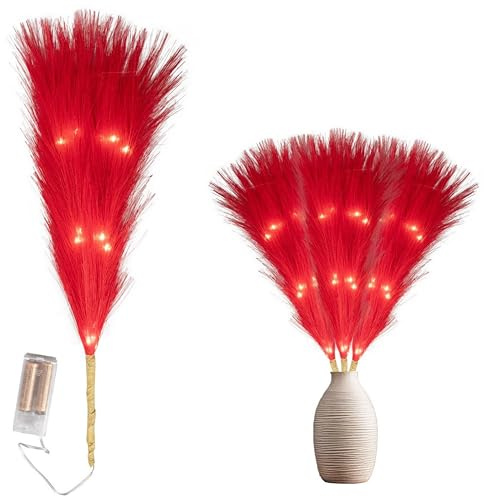 4Pcs - 45cm Prelit Red Pampas Grass Stem, Warm White LEDs Battery-Operated Christmas Artificial Flowers for Boho Wedding Bedroom Living Room Decorations