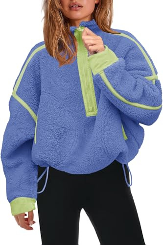 Panadila Womens Half Zip Sherpa Fleece Pullover Soft Oversized Sweatshirt with Pockets Warm Fuzzy Sweater, Blue Green Combo, X-Large