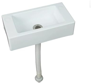 Aufsatzwaschbecken eckig Waschbecken, kleines weißes Waschbecken, wandmontiertes Kunststoffbecken, weiß, geeignet für Innen- und Außenbereich[Edelstahl Kopf Wasserrohr 75cm]