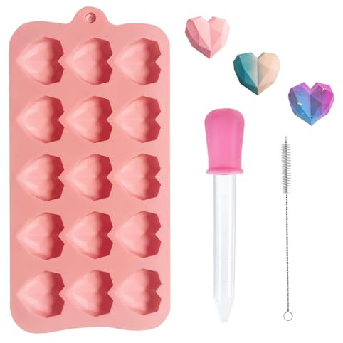 DHWEKU Moule en Silicone en Forme de Cœur, Moule à Chocolat Réutilisables avec 15 Cavité Mini Moule en Silicone Antiadhésif avec Compte-Gouttes pour Chocolat Bonbon Gelée Gâteau Saint-Valentin (Rose)