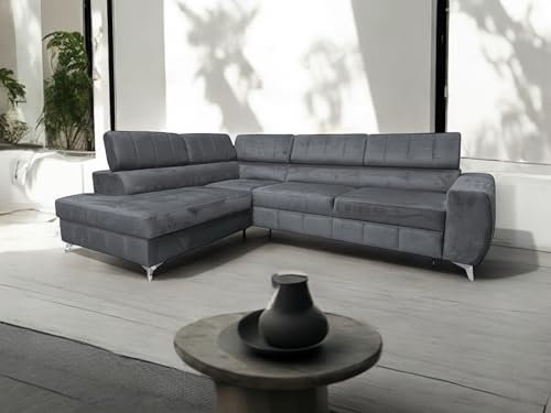 Ecksofa mit Schlaffunktion LONDON L-Form, Sofa Couch mit Bettkasten, Sofa Eckcouch, Schlafsofa für Wohnzimmer, Sofa Couch mit Schlaffunktion und Bettkasten (Dunkelgrau, Ottomane Links)