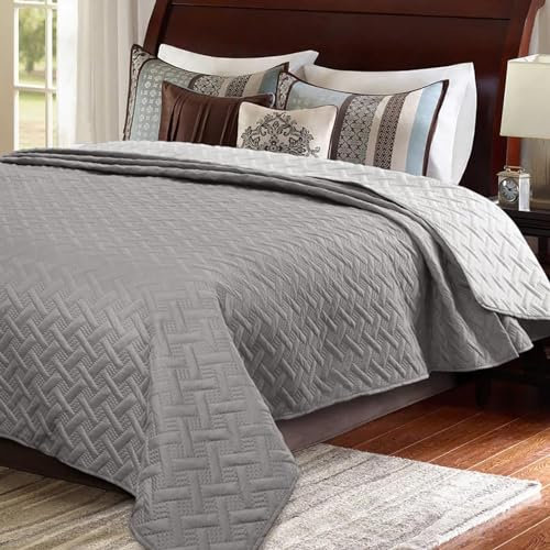 WOLTU 2X Tagesdecke Bettüberwurf 170x210cm Dunkelgrau+Hellgrau Patchwork Wendedesign, Bedspreads aus Mikrofaser, Steppdecke bei Ultraschall genäht, Wohndecke Sofaüberwurf Überwurfdecke für Bett
