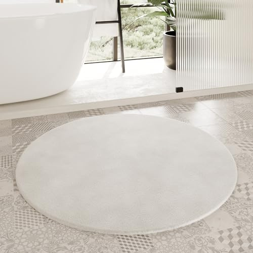 Homie Living Porto Azzurro Badteppich, 90 cm rund, Elfenbein | Badematte kuscheliger Flauschiger weicher Flor l rutschfest und Waschbar