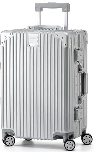 KOFA Geneva Handgepäck Koffer, 55cm Alu-Rahmen & Polycarbonat-Hartschale, Handgepäck Cabin Reisekoffer, Rollkoffer Spinner Carry-on mit 4 Rollen und doppelte TSA Schloss 35L (Silber)