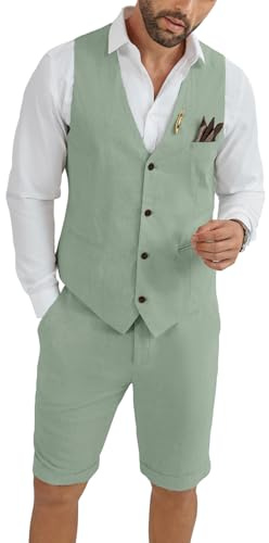 HUEZOE Mens Linen Suit 2 Piece Short Suits for Men Casual Summer Beach Groom Wedding Suit Linen Vest Shorts Set
