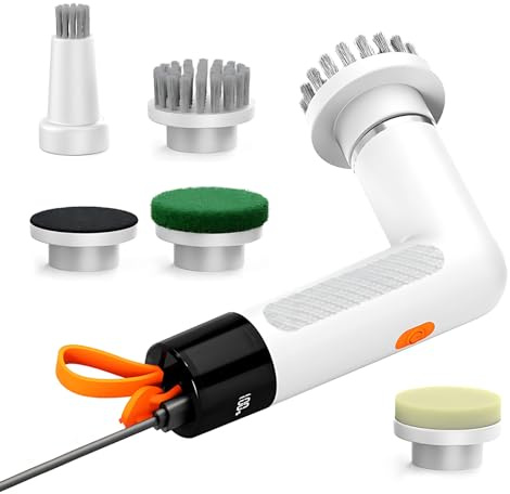 Elektrische Reinigungsbürste, Schnurlose Reinigungsbürste Mit 5 Bürstenkopfe, 2 Geschwindigkeiten, USB-Ladung, Bürste Zum Putzen Für Küche, Bad, Fliesen, White