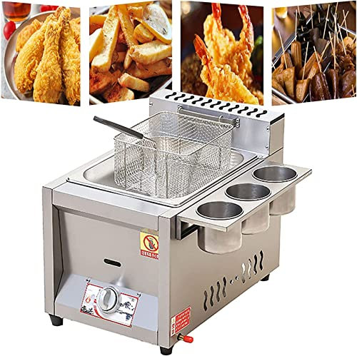 SFNIOKFG Friggitrice a Gas Commerciale da 10L/20L, friggitrice Francese in Acciaio Inox con cestello e Contenitore per spezie, per Patatine, Ciambelle, Pesce, Facile da Pulire, Vasca singol