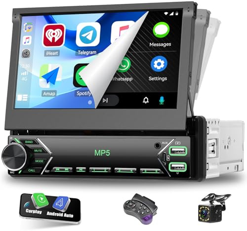 CAMECHO Autoradio 1 Din Wireless Carplay 7 Zoll IPS Touchscreen mit Rückfahrkamera, Bluetooth Radio Manuelle Ausfahrbarem Bildschirm mit Android Auto FM Freisprecheinrichtung Mirror Link SWC