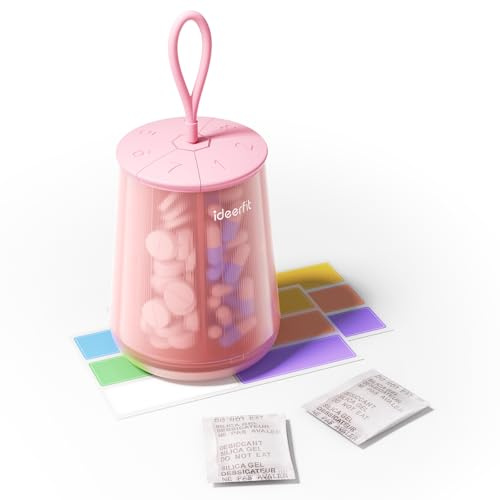 Ideerfit Large 7-Compartment Pill Organiser with Desiccant, Pink | Anti-mix design, moisture-resistant storage, carry loop, for vitamins and supplements